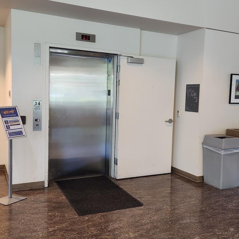 An elevator in the Student Services Building